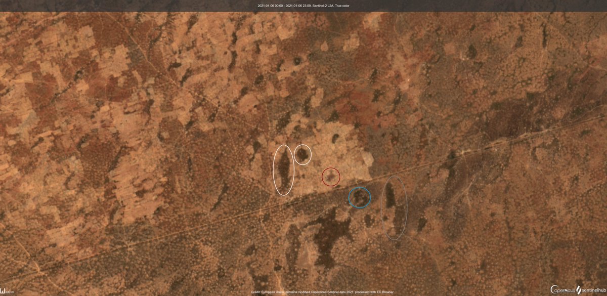 NAF airstrikes targeting ISWAP fighters 15 km south of Mainok yesterday. Several militants killed, 3 vehicles destroyed.  This one was difficult, I had to mark all of the clues to confirm this was indeed the location.  