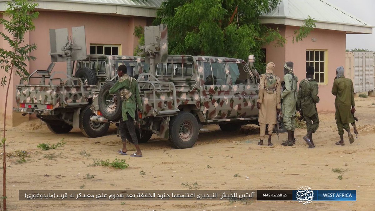 Nigeria: ISWAP released photos of their attack on NA in Maiduguri, Borno. Militants are armed with AKM(S)/Type 56(-1) pattern rifles, technical with a 12.7 HMG (likely W85) and RPG-7 + OG-7V pattern rocket. Also several vehicles including MRAP burned/captured and HMGs taken