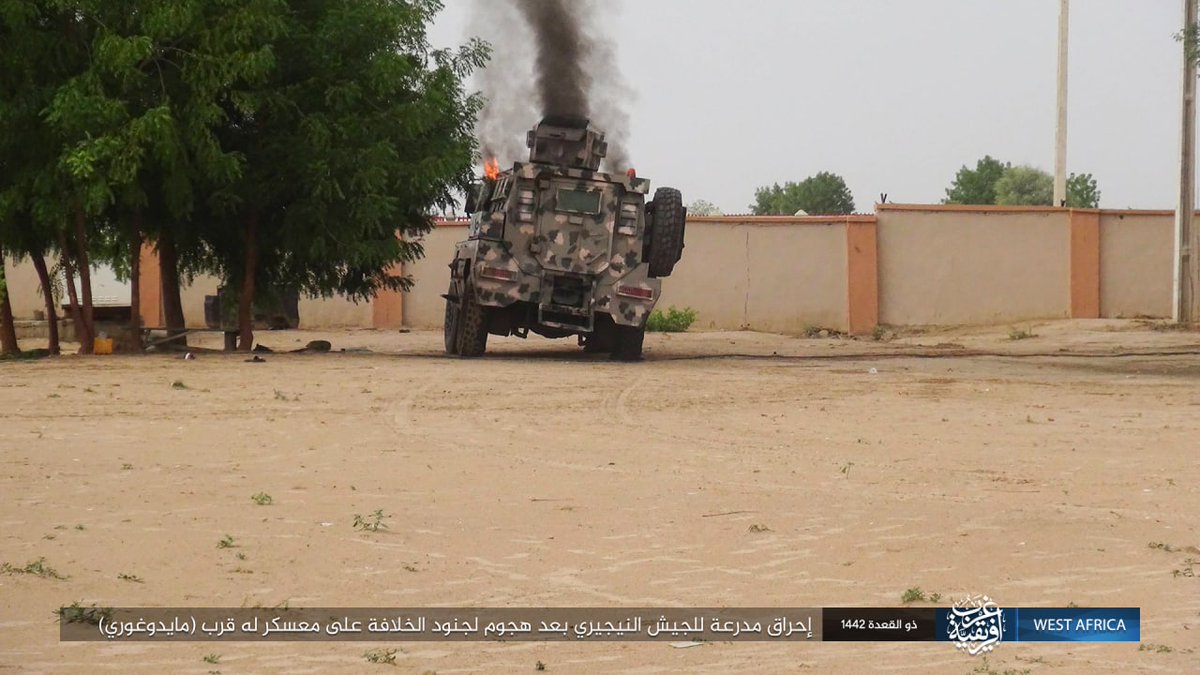 Nigeria: ISWAP released photos of their attack on NA in Maiduguri, Borno. Militants are armed with AKM(S)/Type 56(-1) pattern rifles, technical with a 12.7 HMG (likely W85) and RPG-7 + OG-7V pattern rocket. Also several vehicles including MRAP burned/captured and HMGs taken
